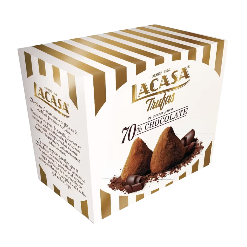 Lacasa chocolate truffles packaging with gold and white striped design