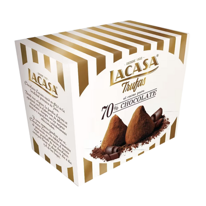 Lacasa chocolate truffles packaging with gold and white striped design