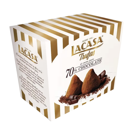 Lacasa chocolate truffles packaging with gold and white striped design