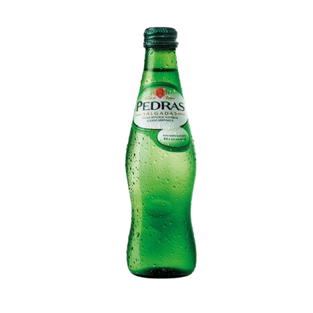 A green glass bottle of Pedras sparkling mineral water, 250ml.